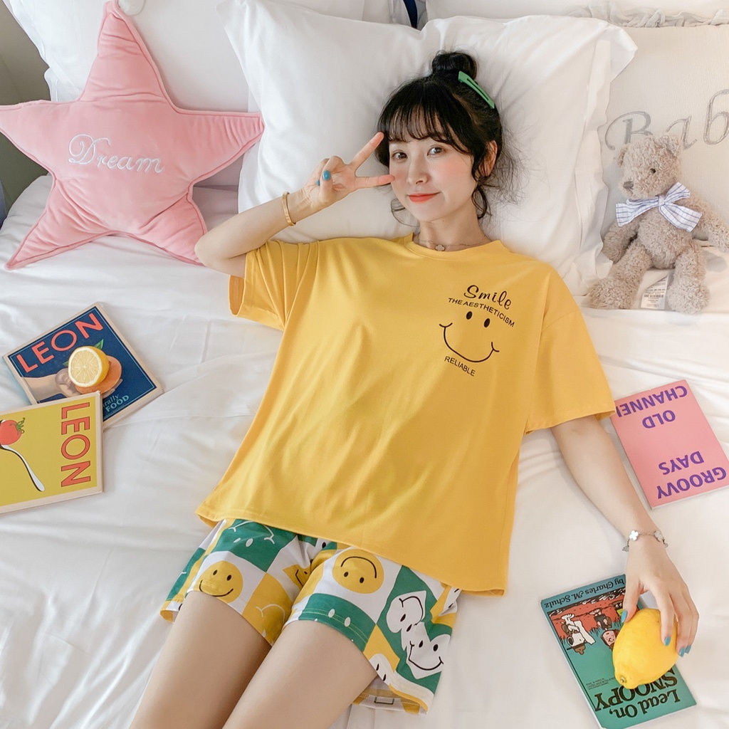 Bộ đồ ngủ tay ngắn dáng rộng in họa tiết hoạt hình dễ thương thời trang xuân hè cho nữ