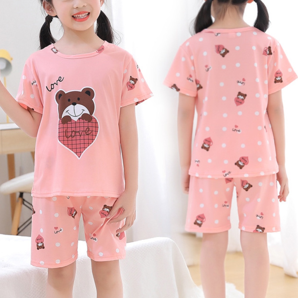 Bộ đồ ngủ tay ngắn chất liệu polyester thoải mái in họa tiết hoạt hình đáng yêu cho bé
