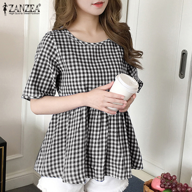 Áo ZANZEA tay ngắn cổ chữ O kiểu xếp ly họa tiết ca rô hợp thời trang cho nữ
