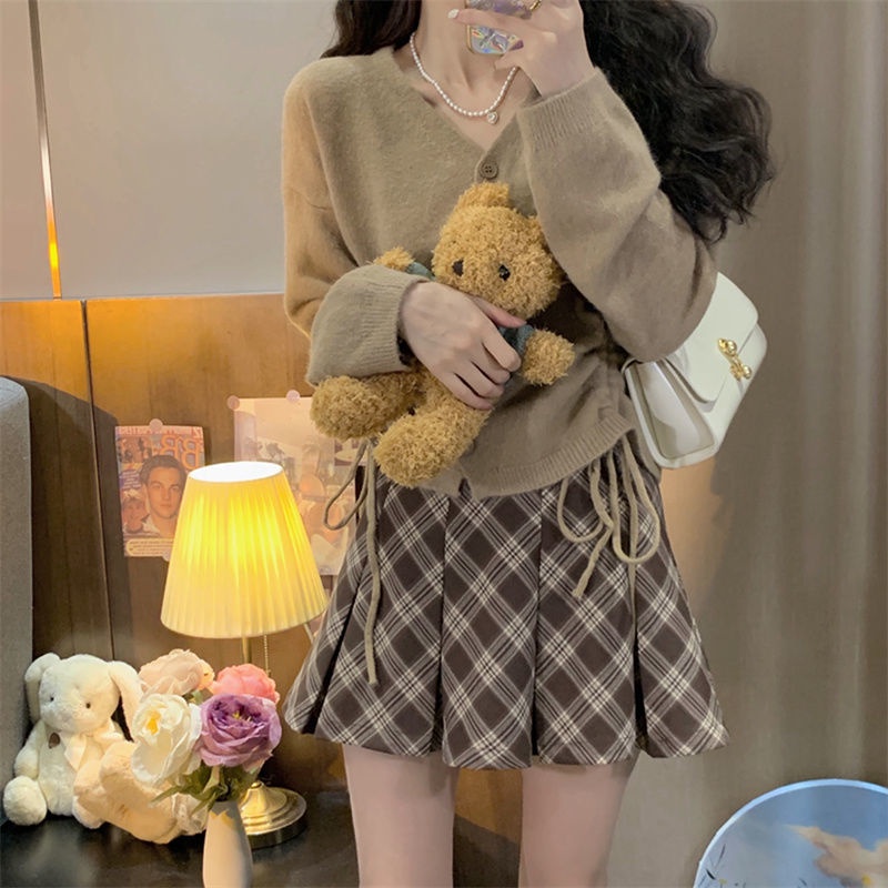 Hàng Mới Về Mới Set Chân Váy Xếp Ly Và Áo Khoác Cardigan Phong Cách Hàn Quốc Cho Nữ