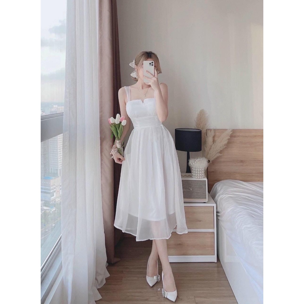 Đầm trắng dự tiệc dáng xoè 2 dây cúp ngực , phong cách ( chất liệu voan tơ)