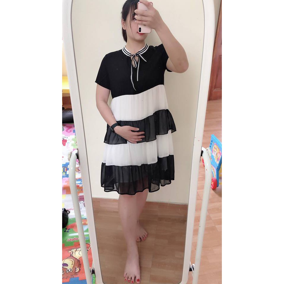 Váy Bầu Voan Lụa Baby Doll đen trắng tầng VTK22