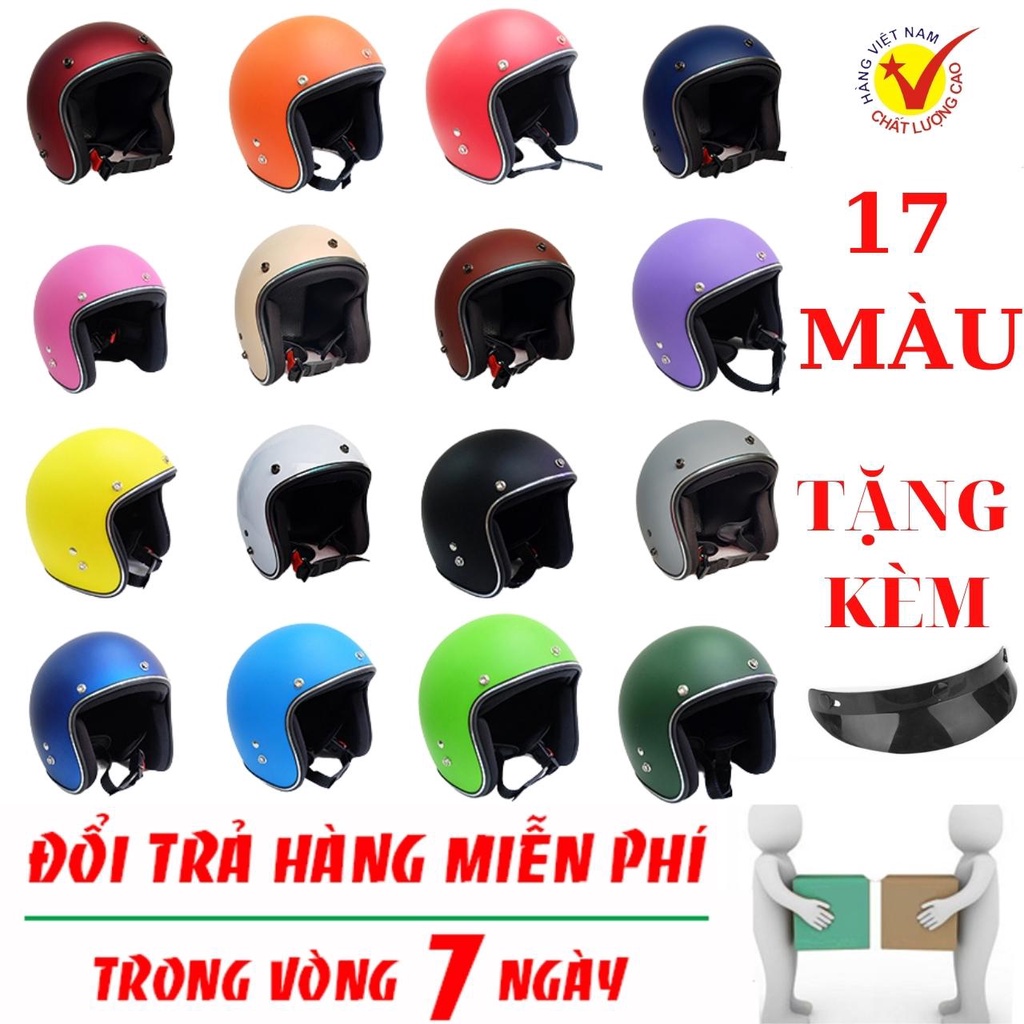 Mũ bảo hiểm 3/4 đầu Lót Đen Cao Cấp,Nút Đồng Chống Rĩ, Nón 3/4 tặng kèm lưỡi trai-Đạt Chuản CR