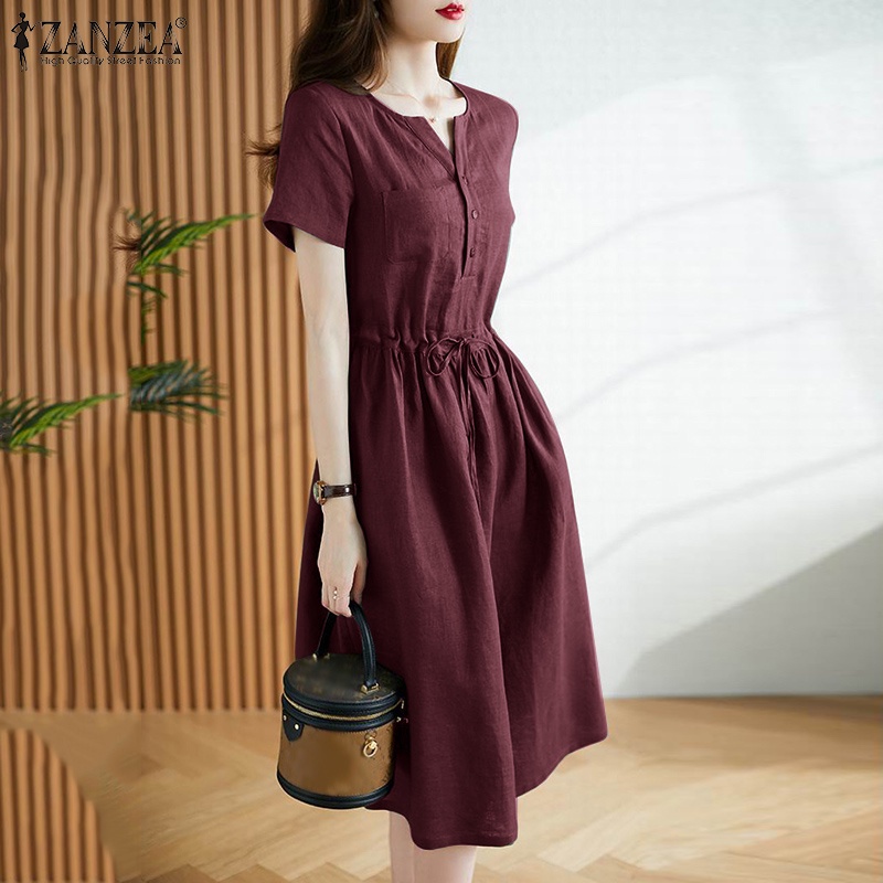 Đầm dài ZANZEA tay ngắn cài nút phía trước eo dây rút sành điệu cho nữ