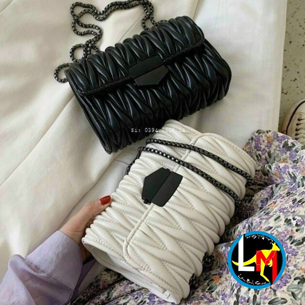 Túi Đeo Chéo Nữ ♥️XẢ KHO BÁN LỖ♥️ Túi Đeo Vai, Xách Tay Nữ Sóng Nhăn Hàn Quốc Dây Xích Đen SP 153