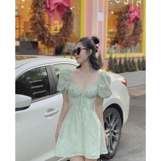 Đầm hoa nổi nhún ngực tay bồng tiểu thư - elleni