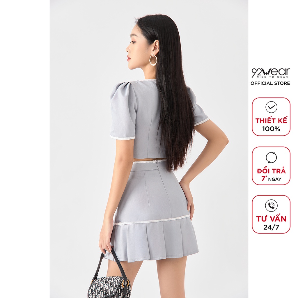 Áo sơ mi croptop nữ ngắn tay cổ V 92WEAR, thiết kế dây viền trẻ trung, chất liệu tuýt si cao cấp ABW1100