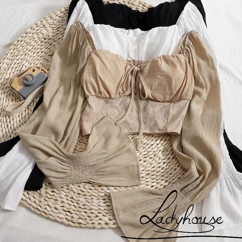 Áo Croptop Tay Dài Màu Trơn Phối Dây Buộc Thời Trang Cho Nữ