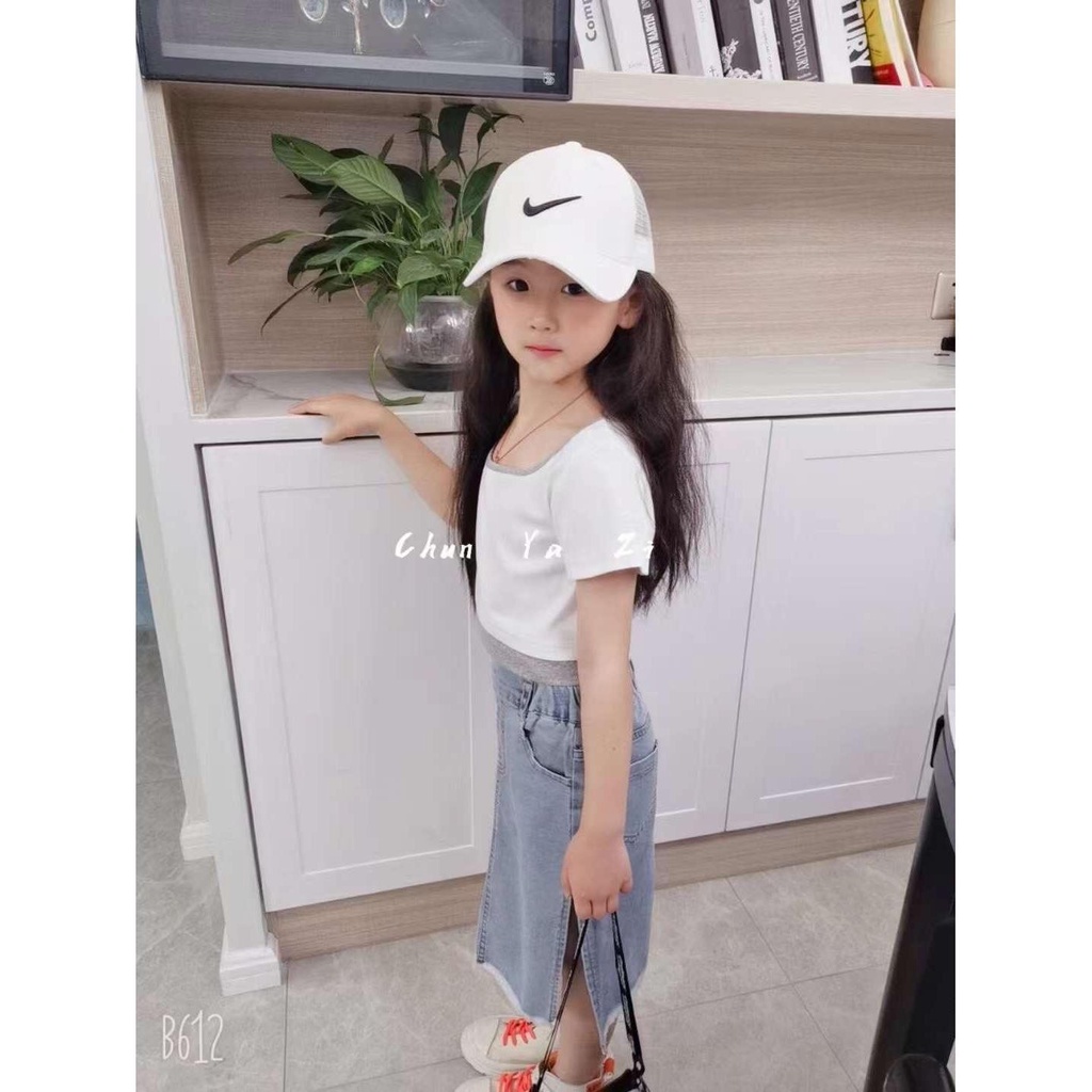 Đầm Denim Ngắn Tay Eo Cao Thời Trang Mùa Hè Cho Bé Gái