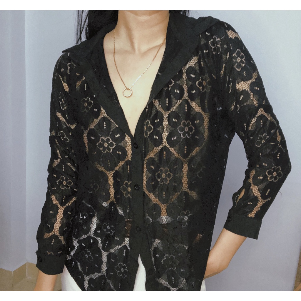 Áo somi sơ mi nữ màu đen pha ren - Đồ si tuyển - Áo xô Hàn/ Nhật A63