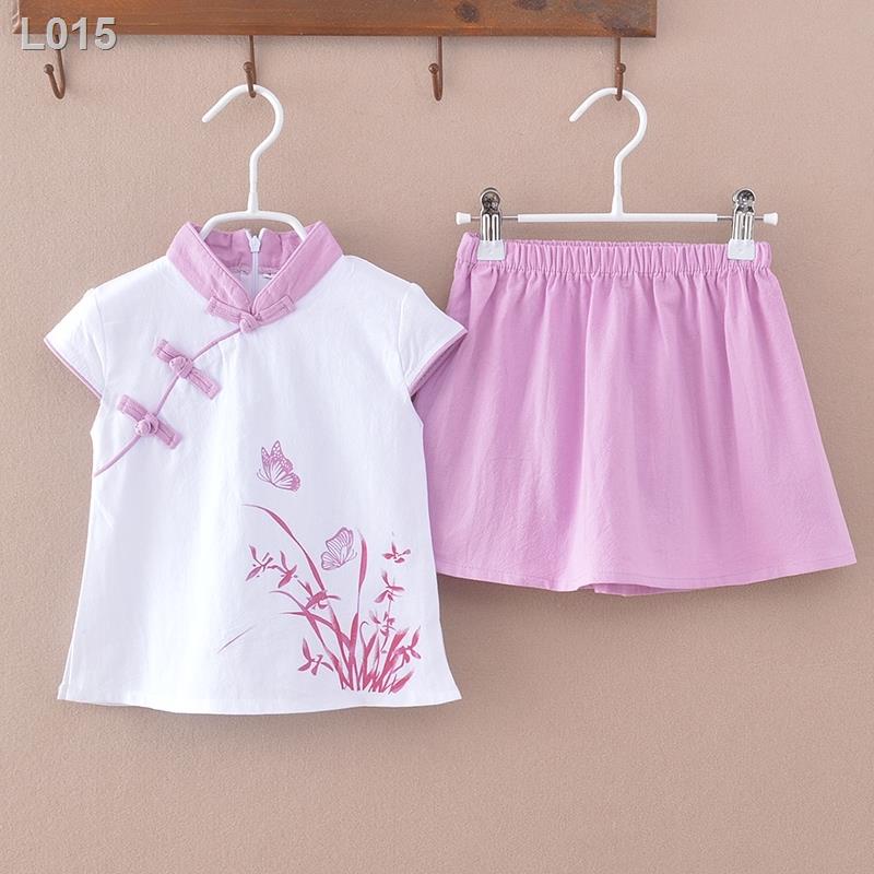 【HOT】Bé gái Tang phù hợp với trẻ em phong cách Trung Quốc quần áo cotton và lanh cho Hanfu cô váy sườn xám dân tộc