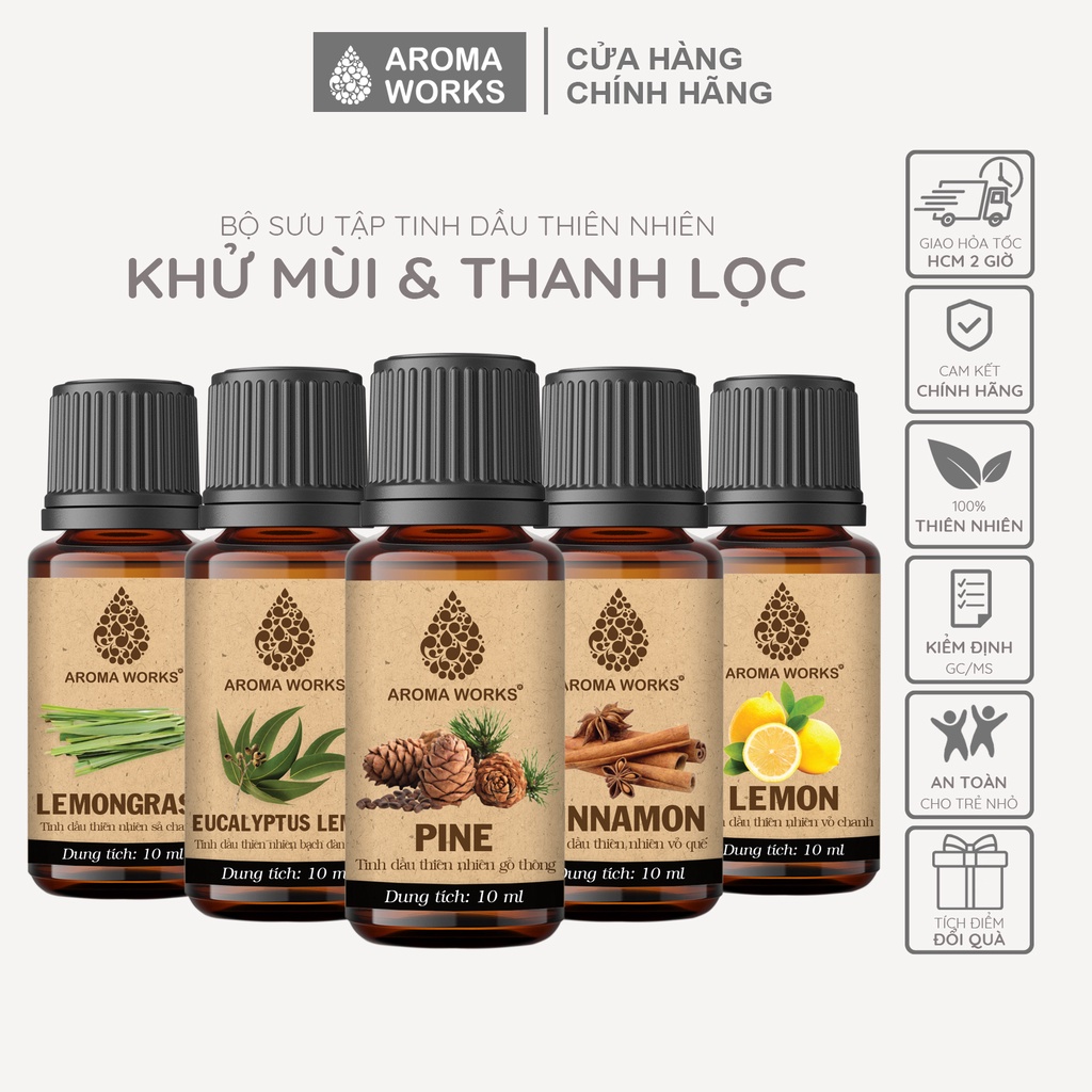 Tinh dầu khử mùi - thanh lọc không khí Aroma Works sả chanh, quê, bạch đàn chanh, thông, phong lữ