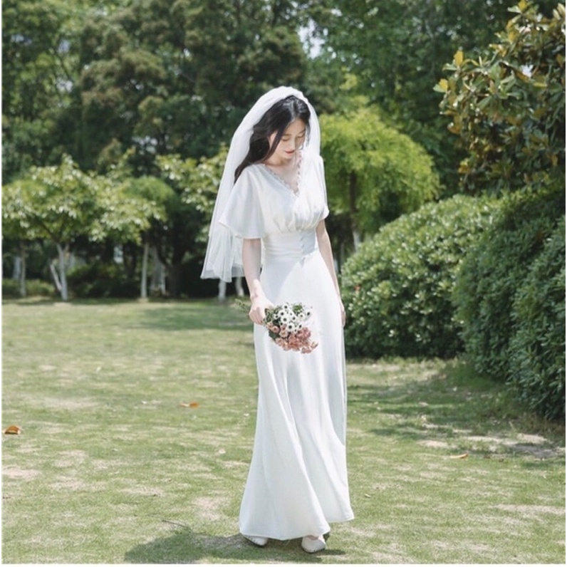 đầm trắng cô dâu,váy nữ đuôi cá trắng nơ lưng bẹt vai cho bạn gái diện đi tiệc làm phù dâu đám cưới siê xinh