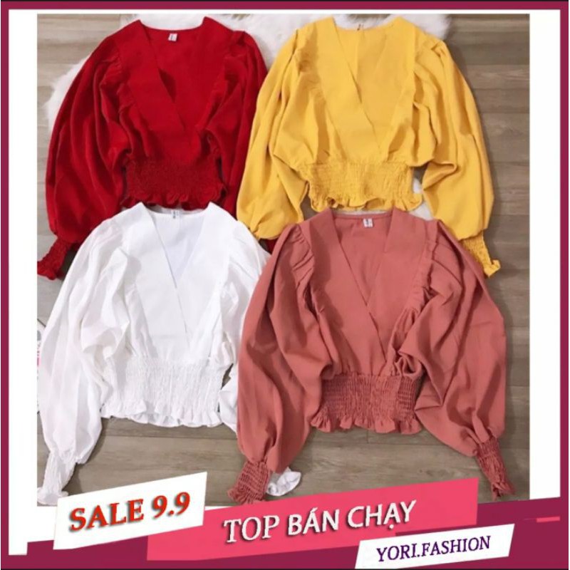 ÁO VOAN TAY PHỒNG CỔ ĐẮP CHÉO, ÁO VOAN TAY PHỒNG NHÚN EO