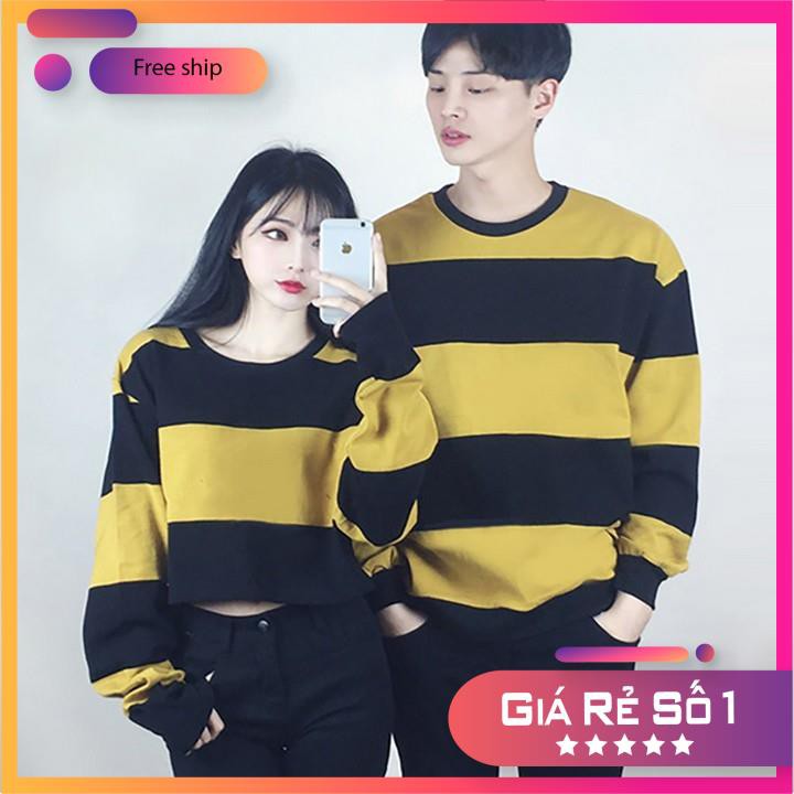 Áo đôi nam nữ nỉ tay dài kẻ ngang-Ảnh thật