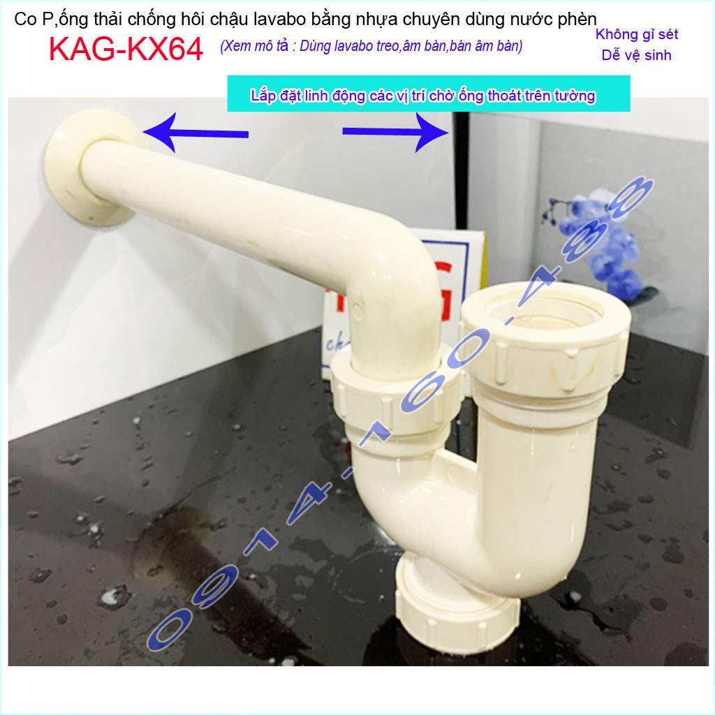 Ống thải lavabo KAG-KX64 nhựa 100%, ống xả co P chậu rửa mặt chống hôi có bầu lắng dễ vệ sinh không gỉ séc siêu bền