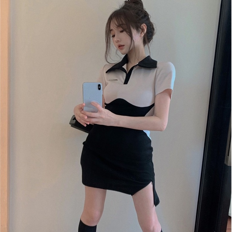 Đầm Ngắn Cổ Polo Màu Sắc Tương Phản Phong Cách Hàn Quốc Thời Trang Cho Nữ