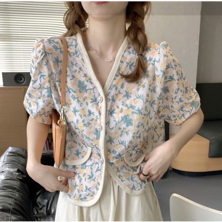 Áo Sơ Mi Tay Ngắn Cổ Chữ V Dáng Rộng Thêu Hoa Phong Cách Retro Pháp Thời Trang Mùa Hè Cho Nữ