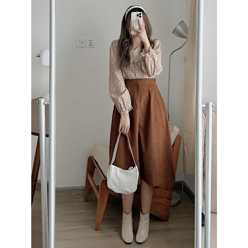 Chân Váy Nhung Dáng Dài Ulzzang Hàn Quốc Có Chun Sau, Chân Váy Dáng Chữ A
