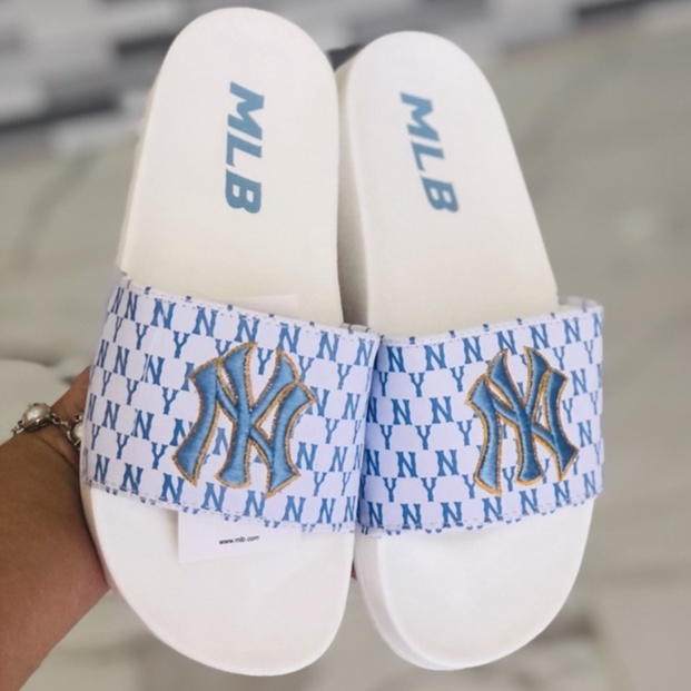 Dép unisex 𝐌𝐋𝐁 𝗡𝗬 ❤️FREESHIP + Hộp❤️ dép mlb quai ngang thể thao nữ Thêu nỗi NY-NY trắng chữ xanh D.GV-trắng-chữ-xanh