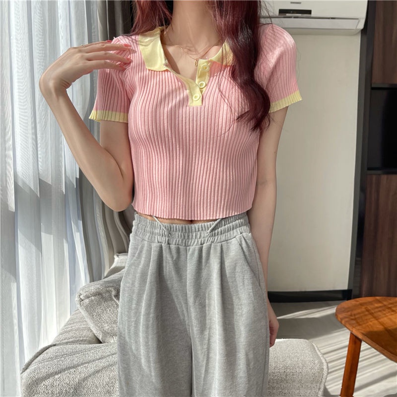 Áo thun dệt kim IELGY tay ngắn cổ polo dáng ôm thời trang cho nữ