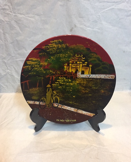 Tranh đĩa sơn mài hình Khuê văn các, Chùa mội cột, Tháp rùa Hồ gươm