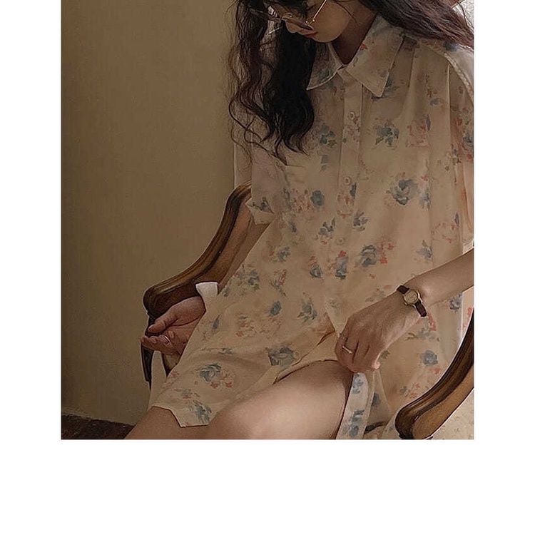 Mới Áo Sơ Mi Tay Ngắn Họa Tiết Hoa Phong Cách Retro Hàn Quốc