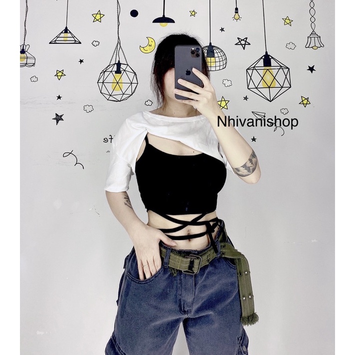 Set áo croptop phối áo hai dây cột eo cá tính