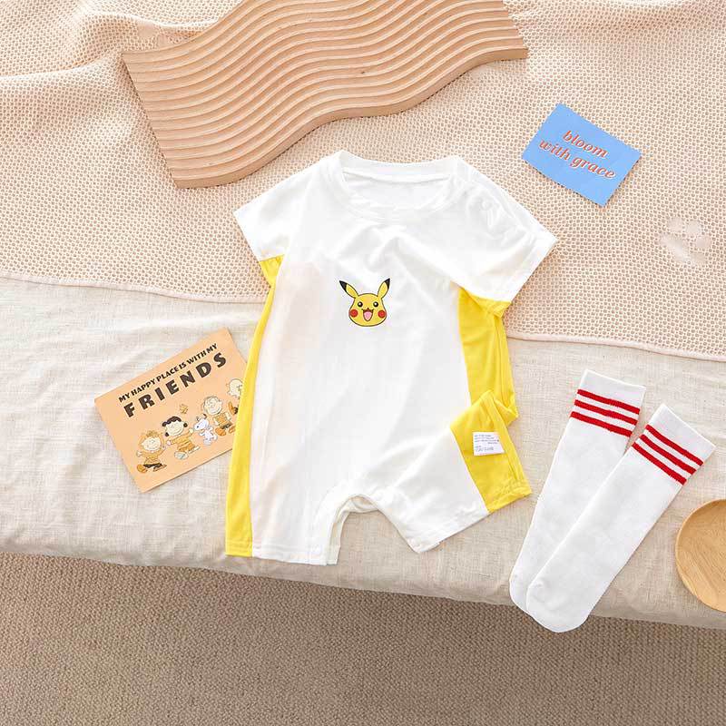 Set Đồ Mùa Hè 2 Món Gồm Áo Liền Quần Tay Cộc + Vớ Bằng Vải Cotton Dễ Thương Cho Bé 0-18 Tháng Tuổi