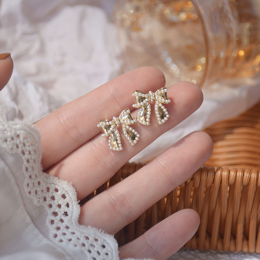 Đôi Bông Tai Hình Nơ Đính Ngọc Trai Giả Thời Trang Cho Nữ