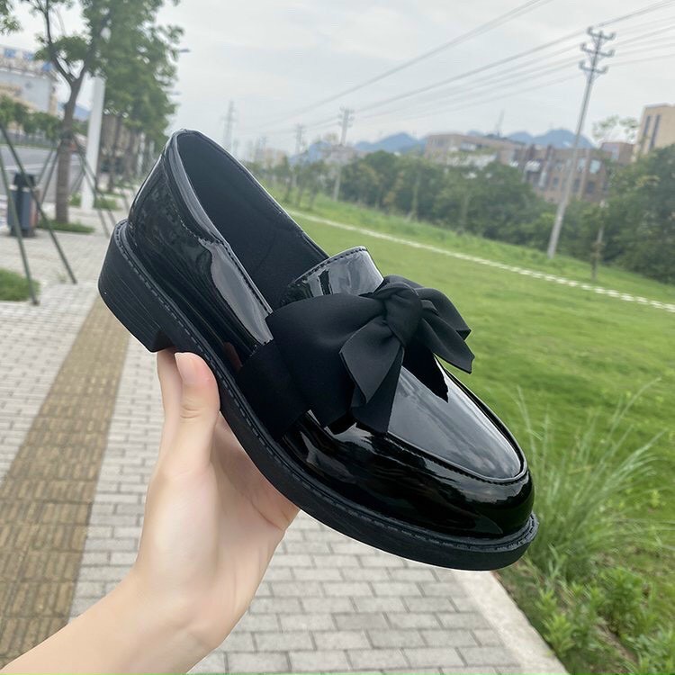 Giày búp bê mũi tròn phối nơ vải phong cách Hàn Quốc cho nữ mã k12 đốc nơ đen