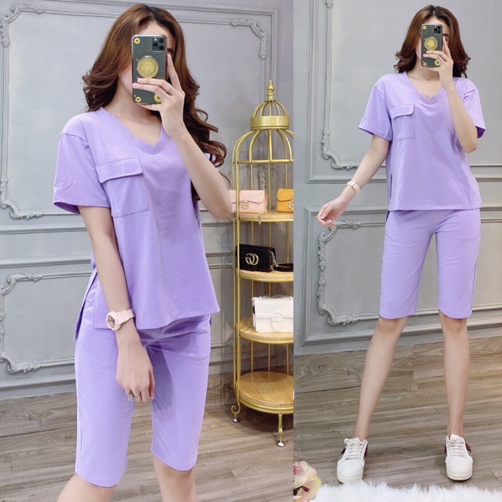 Bộ Đồ Nữ Thun Cotton Cao Cấp Quần Lửng Áo Cổ Tim Ngắn Tay Xẻ Tà Cá Tính Mẫu Mới 2020- Hàng Có Sẵn