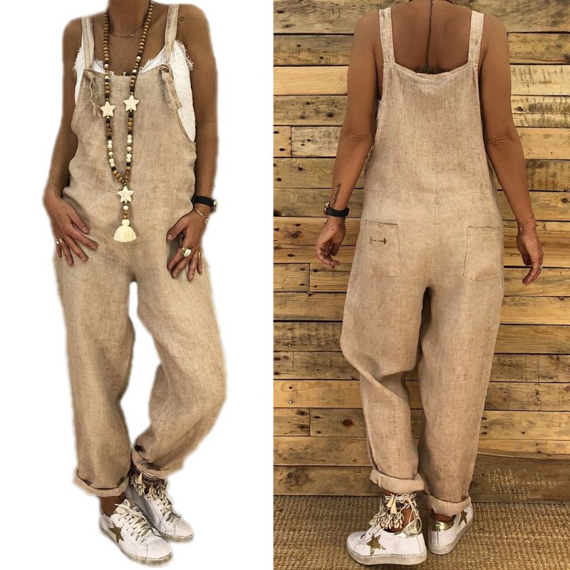 Bộ Áo Liền Quần Sát Nách Vải Cotton Lanh Ống Rộng Thoải Mái Cho Nữ