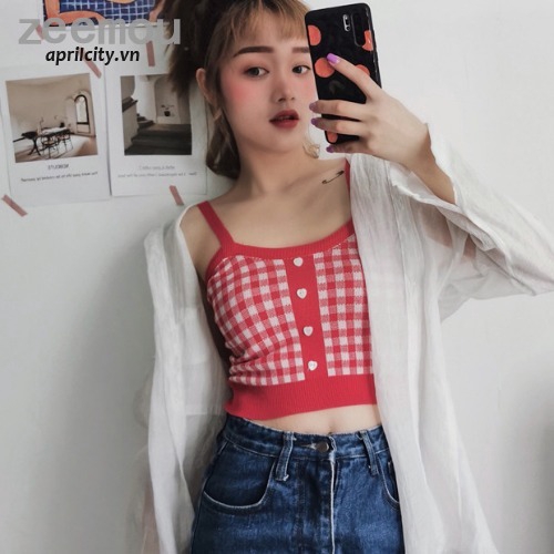 Áo Croptop sát nách họa tiết caro phong cách Hàn Quốc | BigBuy360 - bigbuy360.vn