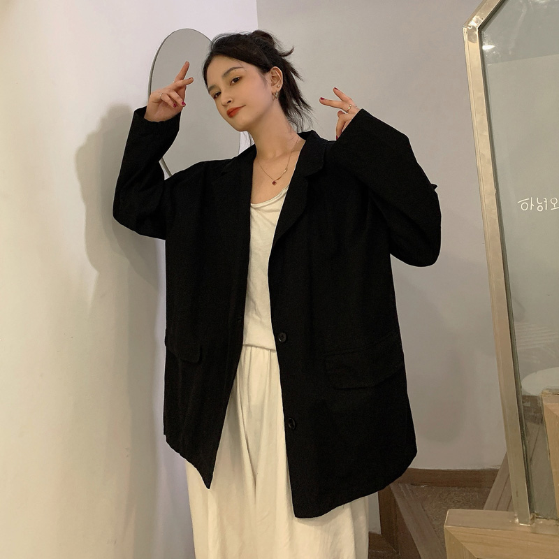 Áo blazer nữ dáng dài rộng cổ bẻ thời trang hàn quốc 2021, Áo khoác thu đông nữ màu đen xám trơn tay dài cá tính