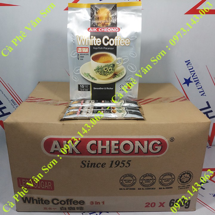 Thùng Cà phê ít đường Aik Cheong (less sugar) 20 bịch 600g (15 gói dài * 40g)