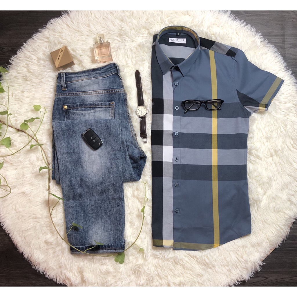 Áo sơ mi kẻ tay ngắn vải cotton , bbr cộc tay kẻ to thoáng mầu xanh kẻ vàng