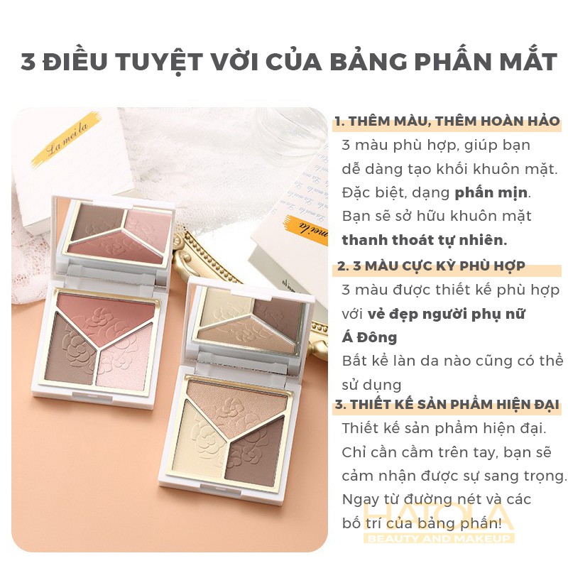 Phấn bắt sáng highlight, tạo khối, má hồng 3 màu Lameila kèm cọ trang điểm xinh Hatola