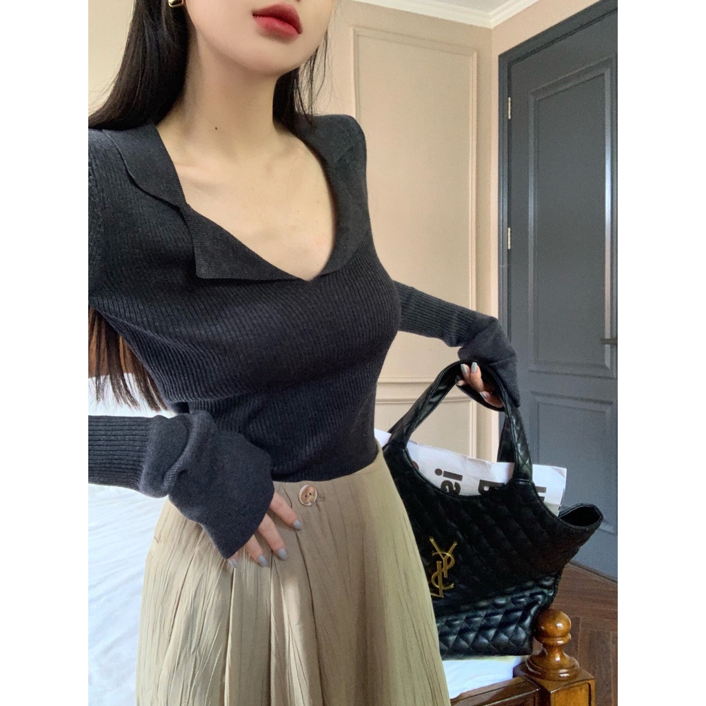 QKOOLE Áo dệt kim  dài tay màu trơn phong cách Hàn Quốc cho nữ