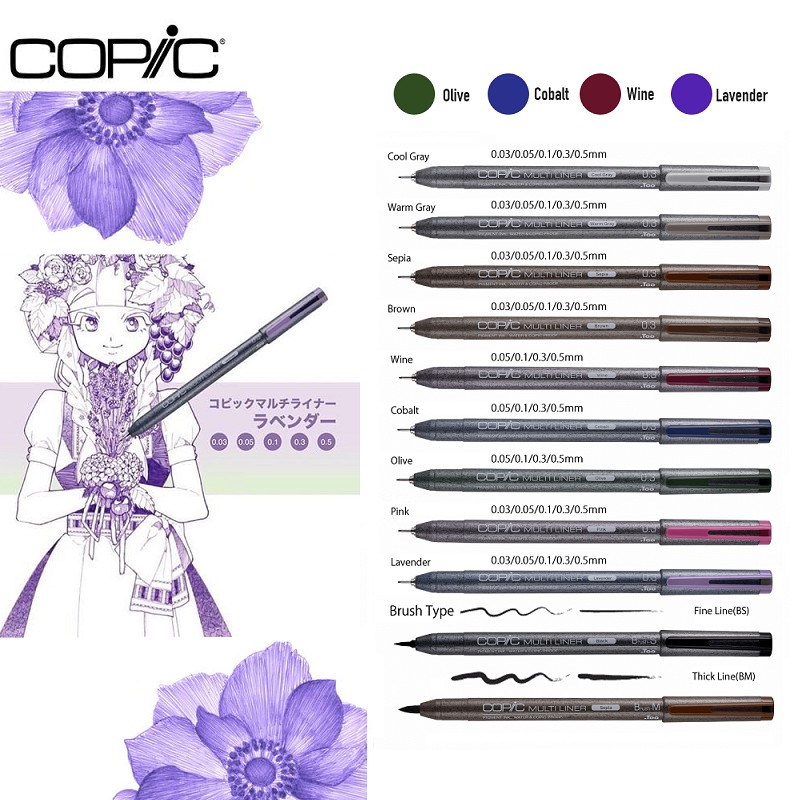 Bút line đi nét Copic Multiliner mầu Cobalt-Olive-Brown-Wine