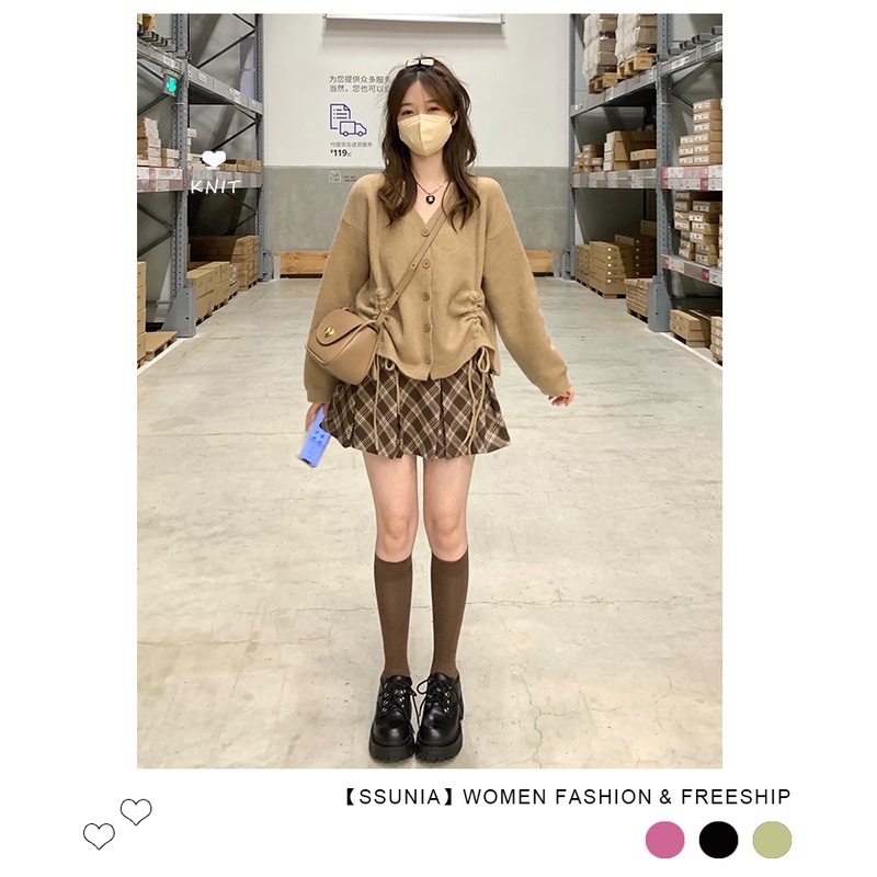 Áo cardigan dệt kim dáng rộng cổ V dài tay dây rút màu khaki hoặc chân váy xếp ly sọc caro lưng cao tuỳ chọn