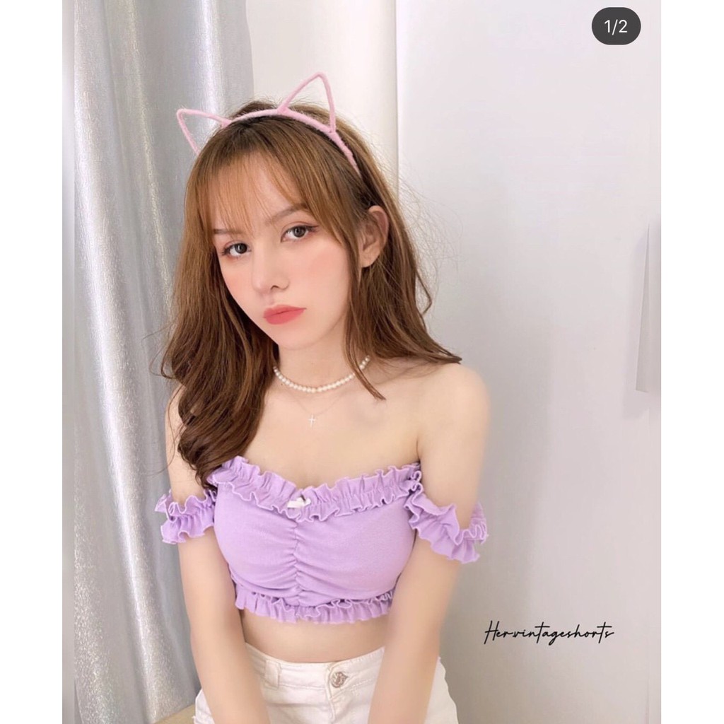 áo bẹt vai croptop viền bèo thun bozip mềm mịn đủ màu hot hot