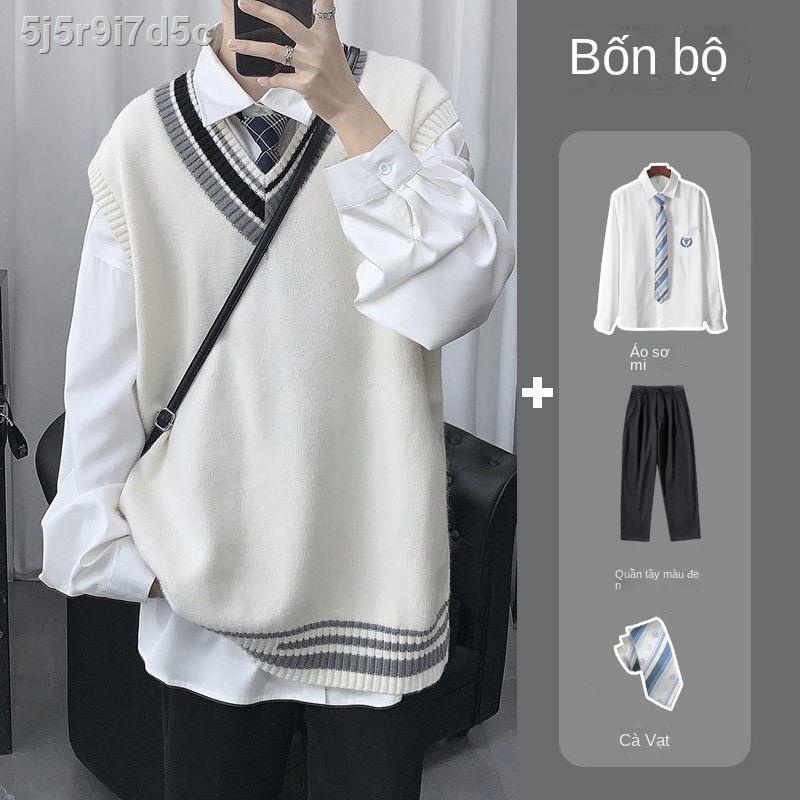 ►Áo len vest nam hàn quốc đan in phong cách đại học hồng kong mùa thu đông đồng phục dk lỏng lẻo jk cặp đôi