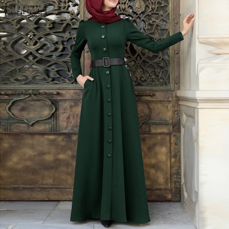 Đầm maxi Zanzea tay dài cài nút phong cách vintage Hồi Giáo cho nữ