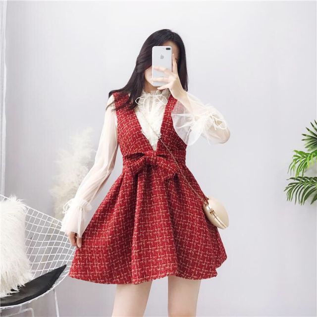 Sét Divi yếm nơ caro đỏ kèm áo voan trắng tay dài xinh xắn DG4563