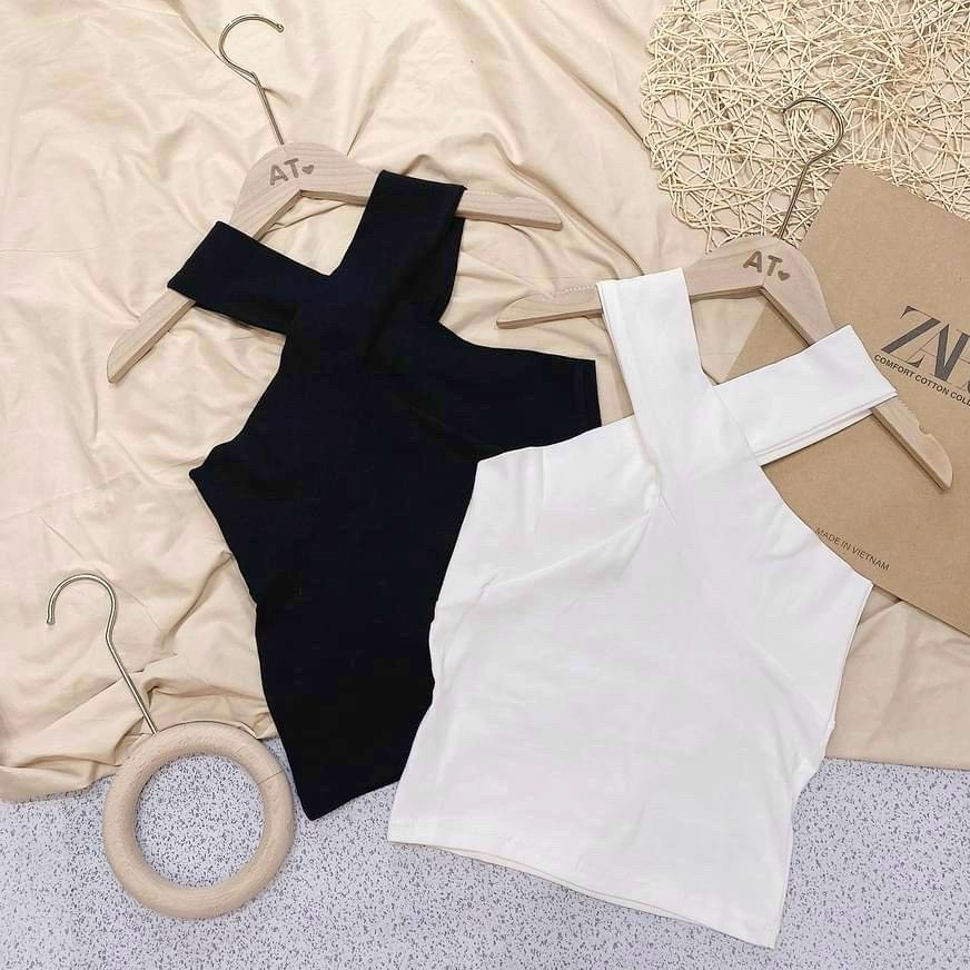 Áo Thun Ôm Body -Áo 2 Dây Phối Chéo -Croptop Tăm Dãn, Áo Phông Thiết Kế Phối Chéo Cá Tính Màu ĐEN, TRẮNG Ulzzang