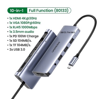 Hub usb -c chuyển ugreen usb type c 10 in 1 hdmi 4k cao cấp mã 80133 chính hãng