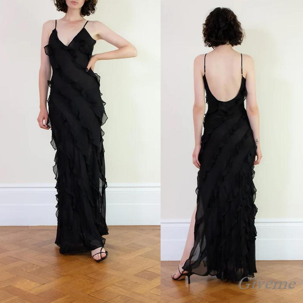 Đầm Dài Không Tay Màu Trơn Phối Bèo Nhún Thời Trang Dự Tiệc Cho Nữ