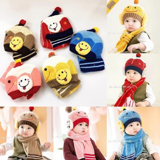 Bộ khăn mũ trẻ em:hình mặt cười,len lót lông,bé 6-24m [SHIP NHANH]