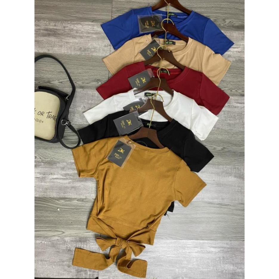 Áo phông nữ cổ tròn dáng croptop có dây buộc thắt nơ phía sau chất liệu thun co giãn 👕 * ✔️